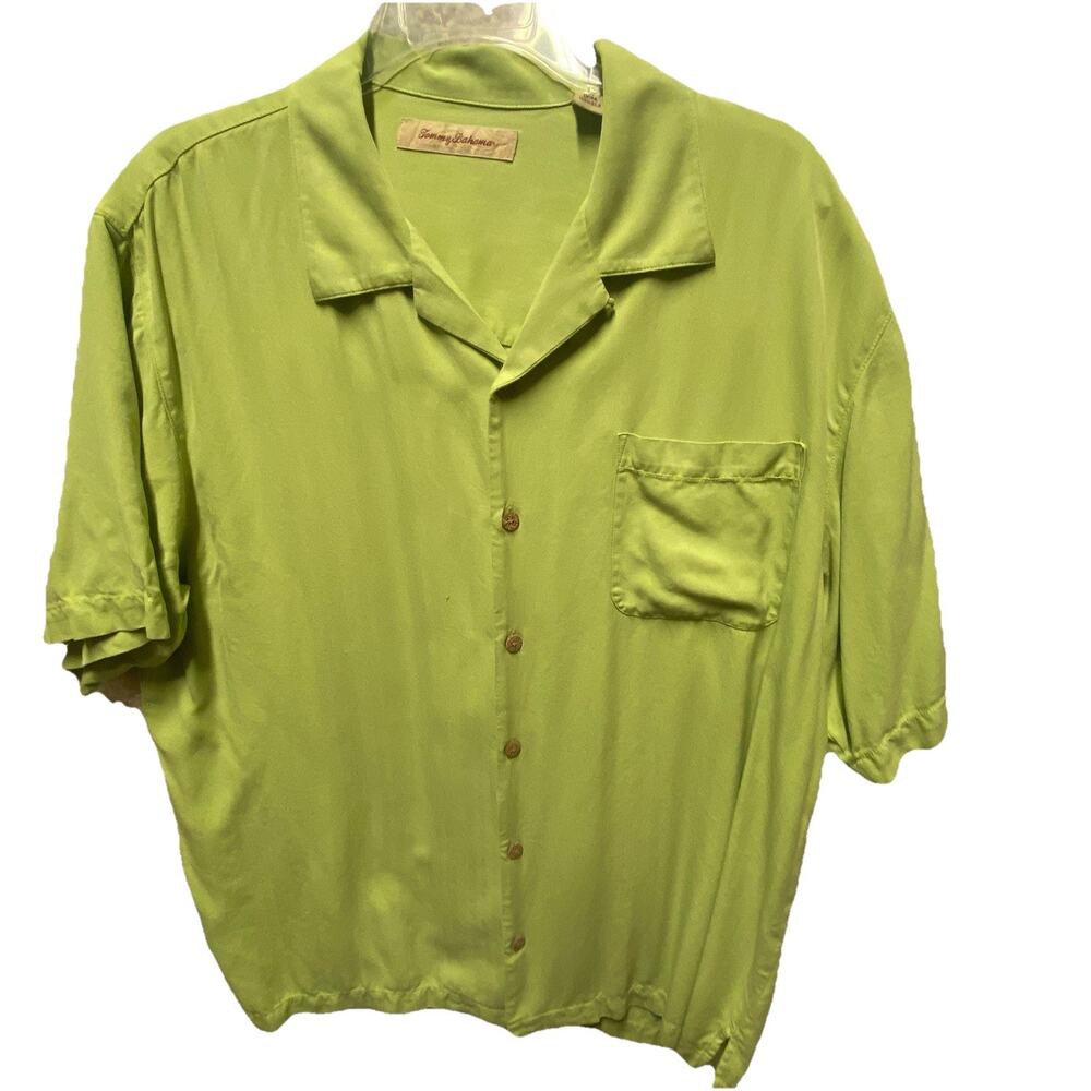 Tommy Bahama 100% Silk Solid Green Short Sleeve Camp Shirt Sz Large